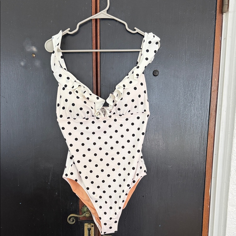 J. Crew Cream Polka Dot One-Piece Swimsuit with Black Dots